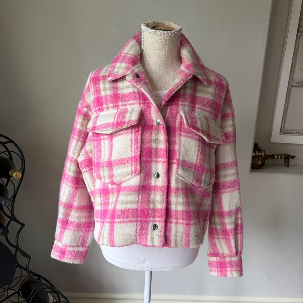 Zara Women's Pink Cropped Plaid Shacket Overshirt Jacket Size Small‎